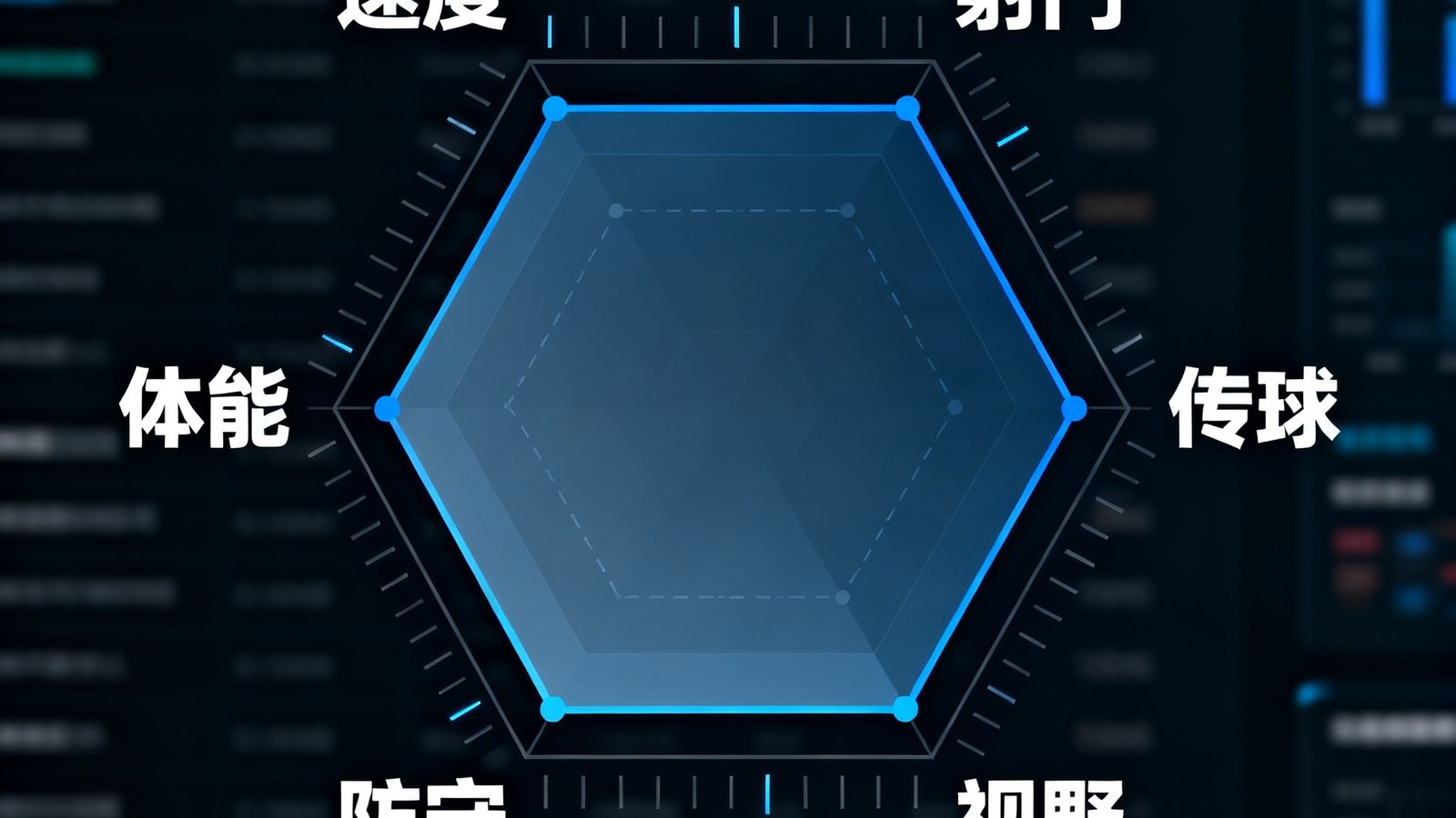一张充满细节的球员数据雷达图，六边形图表上清晰标注着速度、射门、传球、防守、体能、视野六项指标的评分，背景是深色数据面板。